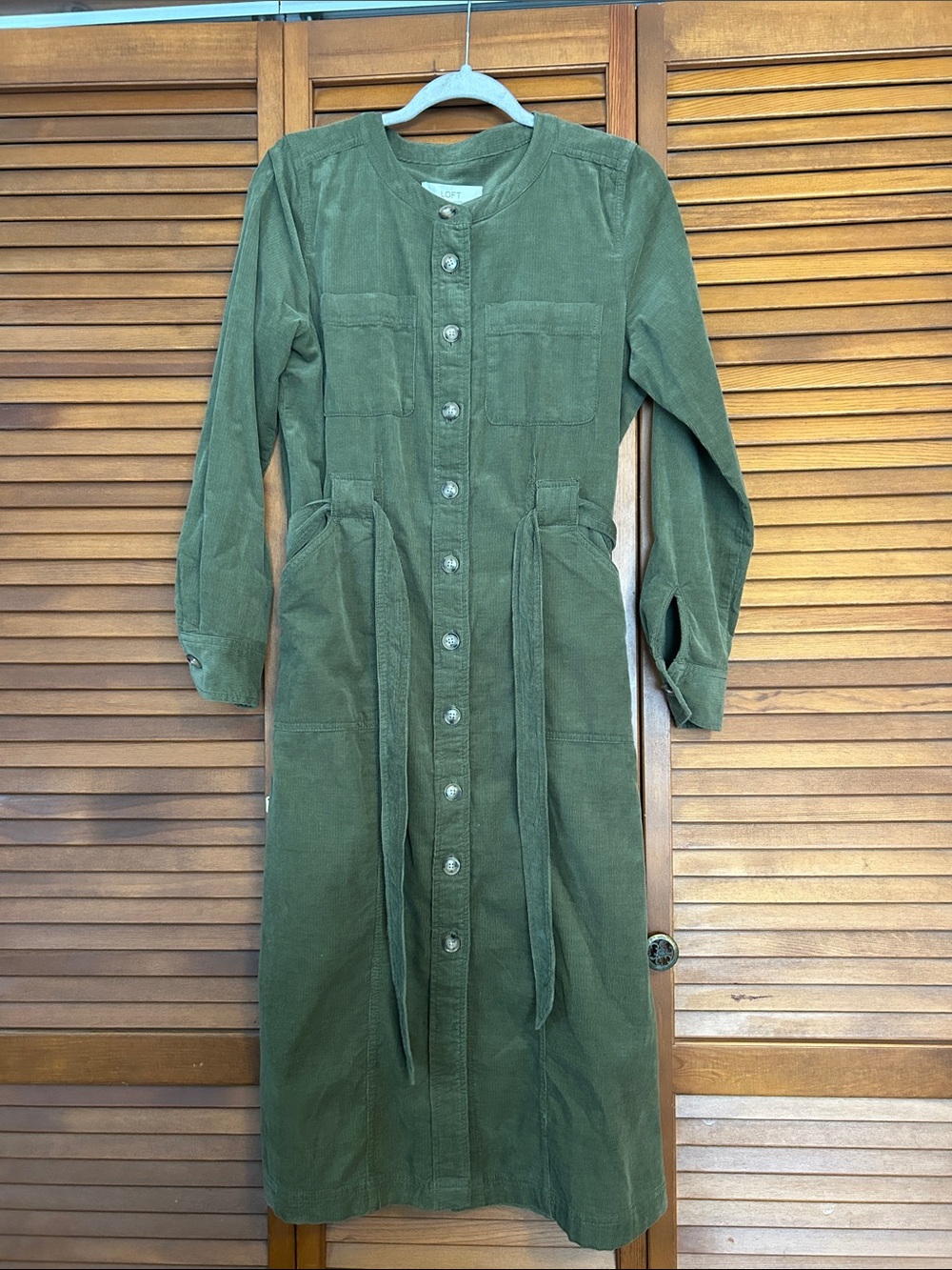 LOFT Olive Green Corduroy Button-Front Long Sleeve Dress